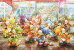 Rule 34 | ^ ^, arcade, black eyes, blooper (mario), bob-omb, bomb boo, boo (mario), bullet bill, character doll, cheep cheep, closed eyes, closed mouth, commentary, commentary request, crane game, doll, english commentary, fire flower, goomba, green shell (mario), holding, holding doll, indoors, lakitu, looking at another, looking to the side, mario (series), mecha-koopa, mixed-language commentary, nintendo, hugging object, open mouth, smile, standing, star (symbol), stuffed toy, sui (petit comet), super mushroom, super star (mario), tile floor, tiles, wiggler, yoshi, yoshi egg