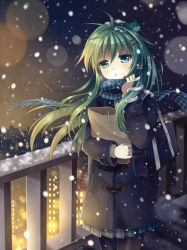 Rule 34 | 1girl, alternate costume, bag, black pantyhose, blue eyes, blush, cityscape, coat, contemporary, female focus, frog, green eyes, green hair, hair ornament, hairclip, holding, kochiya sanae, lens flare, long hair, looking at viewer, matching hair/eyes, mauve, night, night sky, open mouth, pantyhose, parka, pleated skirt, scarf, school bag, school uniform, skirt, sky, snake, snow, snowing, solo, touhou