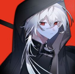 Rule 34 | 1boy, a date with death, bishounen, black shirt, casper (a date with death), closed mouth, highres, holding, holding scythe, hood, long hair, looking at viewer, male focus, moonplls, red background, red eyes, scythe, shirt, simple background, solo, upper body, white hair