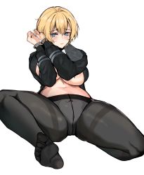 Rule 34 | 1girl, absurdres, bad id, bad pixiv id, black pantyhose, black shirt, blonde hair, blue eyes, blush, bound, bound wrists, breasts, closed mouth, clothes pull, cuffs, girls&#039; frontline, handcuffs, highres, large breasts, looking at viewer, loveu, mole, mole on breast, mole under eye, navel, no shoes, panties, panties under pantyhose, pantyhose, shirt, shirt pull, short hair, sitting, soles, solo, spread legs, sweat, sweatdrop, thighs, underwear, vsk-94 (girls&#039; frontline), white background, white panties