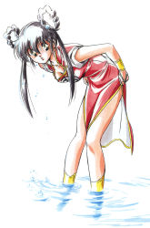 Rule 34 | 1990s (style), 1girl, absurdres, bent over, black hair, bracelet, china dress, chinese clothes, dress, dripping, green eyes, hair rings, highres, jewelry, leaning forward, long hair, mamono hunter youko, mano youko, miyao gaku, official art, retro artstyle, simple background, solo, traditional media, twintails, wading, water, wet, white background
