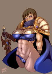 Rule 34 | 1girl, abs, armor, bad id, bad pixiv id, blue eyes, blush, breasts, brown background, brown hair, cape, cavalry (maslow), dated, garen (league of legends), gender request, genderswap, gloves, large breasts, league of legends, mole, muscular, navel, purple eyes, short hair, shoulder pads, signature, simple background, solo, sword, warrior, weapon
