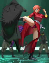 Rule 34 | 1girl, 4others, absurdres, battle, black footwear, black gloves, blue eyes, blurry, blurry background, boots, china dress, chinese clothes, clenched teeth, commentary request, commission, dress, eyebrows hidden by hair, eyelashes, fighting stance, fingernails, full body, gintama, gloves, gluteal fold, green background, groin, hair between eyes, hair bun, hand up, highres, indoors, kagura (gintama), kicking, knee boots, leg up, long sleeves, looking at another, motion blur, multiple others, nose, orange hair, panties, pantyshot, pink panties, pixiv commission, red dress, serious, short hair, simple background, single glove, standing, standing on one leg, teeth, thighs, underwear, v-shaped eyebrows, yoshino (laencl)