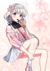 Rule 34 | 1girl, :o, bag, bare shoulders, black ribbon, black shirt, blue bow, blush, bow, brown eyes, bubble tea, collared shirt, commentary request, cup, disposable cup, drinking straw, fingernails, floral background, hair bow, hair ornament, hair ribbon, hairclip, highres, hisakawa nagi, holding, holding cup, idolmaster, idolmaster cinderella girls, idolmaster cinderella girls starlight stage, knee up, long hair, looking at viewer, low twintails, off-shoulder shirt, off shoulder, parted lips, pink bow, pink footwear, pink shirt, pleated skirt, ribbed legwear, ribbon, shirt, shoes, shoulder bag, silver hair, sitting, skirt, socks, solo, striped clothes, striped shirt, sutoroa, twintails, vertical-striped clothes, vertical-striped shirt, very long hair, white skirt, white socks