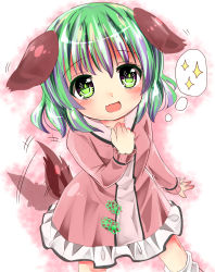 Rule 34 | 1girl, :d, animal ears, blush, dog ears, dog girl, dress, dutch angle, ear wiggle, fang, from above, green eyes, green hair, highres, kasodani kyouko, long sleeves, looking at viewer, matching hair/eyes, open mouth, pink dress, ramudia (lamyun), short hair, smile, solo, spoken sparkle, tail, tail wagging, touhou