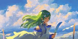 Rule 34 | 1girl, bare shoulders, closed mouth, cloud, cloudy sky, detached sleeves, fjsmu, frog hair ornament, gohei, green eyes, green hair, hair ornament, hair tubes, highres, holding, japanese clothes, kochiya sanae, long hair, nontraditional miko, sky, snake hair ornament, solo, touhou, upper body, white sleeves, wide sleeves