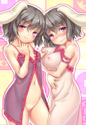 Rule 34 | 2girls, alternate breast size, animal ears, babydoll, black babydoll, black hair, blush, bottomless, grabbing another&#039;s breast, breast lift, breasts, covered erect nipples, dual persona, ecou, grabbing, inaba tewi, large breasts, looking at viewer, multiple girls, navel, nipples, no panties, rabbit ears, red eyes, see-through, short hair, small breasts, smile, touhou, white babydoll, yuri