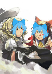 Rule 34 | 2girls, :q, ascot, blonde hair, blue bow, blue hair, blush stickers, bow, brown hair, cirno, collar, female focus, frills, hair bow, hakurei reimu, hat, kasa (hitori sanka), kirisame marisa, mask, multiple girls, puffy short sleeves, puffy sleeves, red bow, short hair, short sleeves, simple background, solid oval eyes, tongue, tongue out, touhou, upper body, what, white background, witch hat