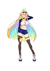 Rule 34 | 1girl, absurdres, ahoge, arielle (vtuber), artist request, blonde hair, blue eyes, breasts, collar, full body, garter straps, heart, heart ahoge, highres, jacket, large breasts, latex, long hair, multicolored hair, one eye closed, shoes, shorts, smile, sunglasses on head, teeth, thighhighs, torn clothes, torn legwear, virtual youtuber