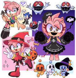Rule 34 | 1boy, 1girl, amy rose, black dress, black headwear, black lips, black teeth, boots, candy, chao (sonic), dress, fangs, food, frankenstein&#039;s monster, furry, furry female, furry male, ghost, gloves, halloween, halloween bucket, halloween costume, hat, heartludwig, highres, lantern, lipstick, makeup, patchwork clothes, pumpkin, red dress, smile, socks, sonic (series), sonic the hedgehog, speech bubble, stitches, striped clothes, striped socks, undead, v, watermark, white gloves, witch, witch hat, wizard, wizard hat