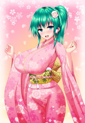 Rule 34 | 1girl, bad id, bad pixiv id, blue eyes, blush, breasts, commentary request, cowboy shot, floral background, floral print, green hair, groin, hair ornament, hair tubes, hands up, highres, hip focus, huge breasts, japanese clothes, kimono, kochiya sanae, nengajou, new year, obi, open mouth, petals, pink background, ponytail, rope, sash, sheep hair ornament, sibamura, solo, thighs, tongue, touhou