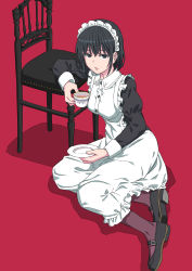 Rule 34 | 1girl, absurdres, apron, bad id, bad pixiv id, black hair, blue eyes, chair, commentary, cup, highres, holding, looking at viewer, maid, maid apron, maid headdress, mary janes, original, pantyhose, plate, shoes, short hair, simple background, sitting, solo, teacup, tuskryo, yokozuwari