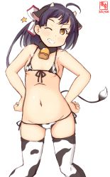 Rule 34 | 1girl, ahoge, alternate costume, animal ears, animal print, artist logo, asymmetrical bangs, bikini, black hair, brown eyes, commentary request, covered erect nipples, cow ears, cow horns, cow print, cow tail, cowboy shot, dated, fake animal ears, front-tie top, fujinami (kancolle), gluteal fold, grin, hair ribbon, hands on own hips, highres, horns, kanon (kurogane knights), kantai collection, long hair, looking at viewer, lowleg, lowleg bikini, micro bikini, one-hour drawing challenge, one eye closed, ribbon, side-tie bikini bottom, side ponytail, simple background, smile, solo, standing, swimsuit, tail, thighhighs, white background, white bikini, white ribbon, white thighhighs, yellow eyes