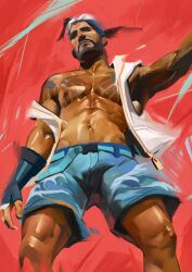Rule 34 | 1boy, abs, arm tattoo, bara, bare pectorals, blue male swimwear, chest tattoo, dark-skinned male, dark skin, feet out of frame, from below, hanzo (overwatch), highres, jinhallz, large pectorals, male focus, male swimwear, muscular, muscular male, navel, nipples, off shoulder, official alternate costume, open clothes, open shirt, overwatch, overwatch 1, pectorals, shirt, short hair, sleeveless, sleeveless shirt, solo, standing, stomach, swim trunks, tattoo