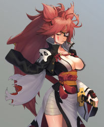 Rule 34 | 1girl, ahoge, amputee, baiken, breasts, cleavage, eyepatch, facial mark, facial tattoo, grey background, guilty gear, guilty gear xrd, half-closed eyes, highres, jacket, jacket on shoulders, japanese clothes, k1 (erin22), katana, kimono, large breasts, leaf, long hair, mouth hold, pink hair, ponytail, red eyes, sarashi, sash, scar, scar across eye, scar on face, sheath, sheathed, simple background, solo, stalk in mouth, sword, tattoo, torn sleeve, very long hair, weapon