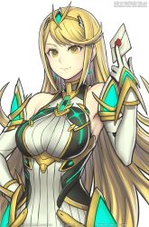 Rule 34 | bare shoulders, blonde hair, breasts, chest jewel, dress, earrings, elbow gloves, gem, gloves, gofelem, hand on own hip, headpiece, jewelry, large breasts, long hair, mythra (massive melee) (xenoblade), mythra (xenoblade), nintendo, short dress, smash invitation, solo, super smash bros., swept bangs, tiara, very long hair, white dress, white gloves, xenoblade chronicles (series), xenoblade chronicles 2, yellow eyes