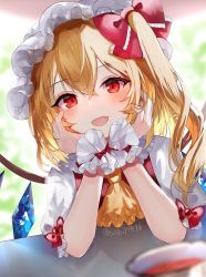Rule 34 | 1girl, ascot, blonde hair, commentary, crossed bangs, crystal, cup, fang, flandre scarlet, hair between eyes, hair ribbon, hat, long hair, looking at viewer, mob cap, mug, open mouth, pov, red eyes, red ribbon, revision, ribbon, sakizaki saki-p, side ponytail, skin fang, smile, solo, table, touhou, twitter username, white hat, wings, wrist cuffs, yellow ascot