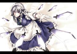 Rule 34 | 1girl, apron, blue dress, blue eyes, braid, brooch, clock, dress, female focus, gloves, hair ribbon, highres, izayoi-saki, izayoi sakuya, jewelry, knife, letterboxed, maid, maid apron, maid headdress, outstretched arm, puffy sleeves, ribbon, short sleeves, silver hair, solo, throwing knife, touhou, twin braids, waist apron, weapon, white gloves