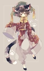 Rule 34 | 1girl, adapted costume, animal ears, black footwear, blush, brown eyes, brown hair, cat ears, cat tail, chen, closed mouth, corrupted twitter file, dress, earrings, full body, green hat, hair between eyes, hat, highres, jewelry, multiple tails, nikorashi-ka, paw print, red dress, shoes, short hair, single earring, sleeves past fingers, sleeves past wrists, solo, tail, touhou, two tails, wide sleeves