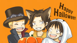Rule 34 | 3boys, animal ears, blonde hair, brothers, brown hair, freckles, ghost costume, goggles, halloween, happy halloween, hat, male focus, monkey d. luffy, multiple boys, one piece, portgas d. ace, pumpkin, sabo (one piece), siblings, smile, top hat, wolf ears, aged down