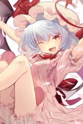 Rule 34 | 1girl, arms up, back bow, bat wings, bloomers, blue hair, blush, bow, dress, fang, feet out of frame, frills, hat, hat ribbon, knees up, looking at viewer, mob cap, one eye closed, open mouth, outstretched arms, pink dress, pink headwear, red bow, red eyes, red neckwear, red ribbon, remilia scarlet, ribbon, short hair, short sleeves, smile, touhou, underwear, wings, yuki (popopo)