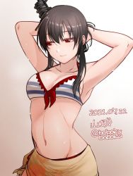 Rule 34 | 1girl, armpits, arms behind head, bikini, black hair, bobokuboboku, character name, commentary request, dated, gradient background, hair ornament, kantai collection, looking to the side, one-hour drawing challenge, red eyes, sarong, short hair, short hair with long locks, solo, striped bikini, striped clothes, swimsuit, twitter username, yamashiro (kancolle)