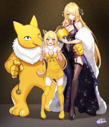 Rule 34 | 1boy, 2girls, absurdres, bangle, blonde hair, blush, boots, bracelet, breasts, brown thighhighs, cleavage, closed mouth, commentary request, covered navel, creatures (company), cynthia (pokemon), dress, egg, eyelashes, family, father and daughter, fur scarf, game freak, garter straps, gen 1 pokemon, grey eyes, hair ornament, hair over one eye, hands up, highres, holding, holding egg, holding string, hybrid girl, hypno, if they mated, interspecies, jewelry, large breasts, long hair, looking at viewer, medium breasts, mother and daughter, multiple girls, nez-box, nintendo, pendulum, pokemon, pokemon (creature), pokemon dppt, pokemon ears, ring, scarf, shoes, short dress, signature, smile, standing, string, thigh boots, thighhighs, what, white scarf, yellow dress, yellow eyes, yellow footwear