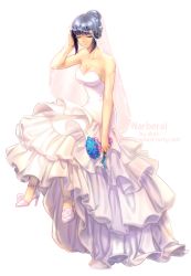 Rule 34 | 1girl, aken, artist name, bare arms, bare shoulders, black hair, bouquet, breasts, bridal veil, character name, cleavage, closed eyes, collarbone, dress, female focus, flower, full body, hair bun, hand on own head, high heels, highres, holding, narberal gamma, overlord (maruyama), short hair, simple background, single hair bun, sitting, sleeveless, sleeveless dress, solo, strapless, strapless dress, veil, watermark, web address, wedding dress, white background, white dress, white high heels