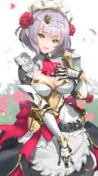 Rule 34 | 1girl, armor, armored dress, blurry, breastplate, breasts, cleavage, depth of field, dress, floral background, flower, genshin impact, green eyes, hair flower, hair ornament, hand on own chest, highres, medium breasts, noelle (genshin impact), open mouth, petals, red flower, red ribbon, red scarf, ribbon, rose petals, scarf, short hair, solo, white background, white dress, white hair, ymmt