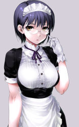 Rule 34 | 1girl, apron, breasts, brown eyes, frilled apron, frills, gloves, grey background, hand up, highres, large breasts, looking at viewer, maid, maid headdress, meme attire, original, parted lips, purple hair, rimless eyewear, short hair, short sleeves, simple background, solo, teoshiguruma, waist apron, white apron, white gloves