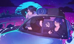 2girls alley_cat black_hair car cat driving ferris_wheel glasses highres irene_(panpanirene) jacket motor_vehicle multiple_girls navel original purple_hair shirogon_(original) vaporwave