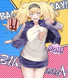 Rule 34 | !, !!, 1girl, alternate costume, befu, blonde hair, blue eyes, blush, grabbing another&#039;s breast, breasts, camouflage, camouflage hairband, denim, denim skirt, gambier bay (kancolle), grabbing, hairband, highres, jacket, kantai collection, large breasts, long hair, long sleeves, open mouth, pantyhose, shirt, skirt, tears, twintails, white pantyhose, white shirt