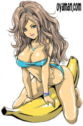 Rule 34 | 1girl, ass, banana, blue eyes, breasts, cleavage, food, fruit, graphite (medium), grey hair, gyaru, jewelry, kogal, large breasts, long hair, lowres, nail polish, necklace, original, oyaman, simple background, smile, solo, swimsuit, traditional media, white background