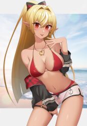 Rule 34 | 1girl, :p, alternate costume, anchor symbol, beach, bikini, bikini under clothes, black bow, black jacket, blonde hair, bow, breasts, cloud, commission, contrapposto, cosplay, cowboy shot, dark-skinned female, dark skin, dolphin shorts, earrings, elf, hair between eyes, hair intakes, heart, heart earrings, heart necklace, highres, hololive, houshou marine, houshou marine (cosplay), houshou marine (summer), jacket, jewelry, large breasts, long hair, long sleeves, looking at viewer, multicolored hair, navel, necklace, off shoulder, open clothes, open jacket, outside border, pixiv commission, pointy ears, ponytail, red bikini, red eyes, ryu.o, shiranui flare, short shorts, shorts, sky, smile, solo, streaked hair, swimsuit, thigh strap, tongue, tongue out, very long hair, virtual youtuber, water, white hair, white shorts