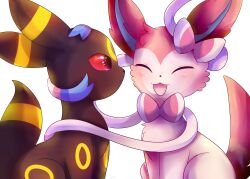 Rule 34 | black eyes, blush, bow, closed eyes, colored sclera, creatures (company), game freak, gen 2 pokemon, gen 6 pokemon, highres, nintendo, pokemon, pokemon (creature), red sclera, ribbon, simple background, sylveon, tongue, tongue out, umbreon, victoriartistaewe, white background
