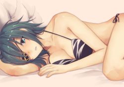 Rule 34 | 10s, 1girl, aqua eyes, aqua hair, arm support, bare arms, bare shoulders, bed sheet, bikini, black bikini, black ribbon, blush, breasts, cleavage, collarbone, commentary request, expressionless, eyepatch, halterneck, highres, kantai collection, kiso (kancolle), looking at viewer, lying, masukuza j, medium breasts, on side, one eye covered, parted lips, pink background, ribbon, short hair, side-tie bikini bottom, simple background, solo, swimsuit, thighs, unaligned breasts