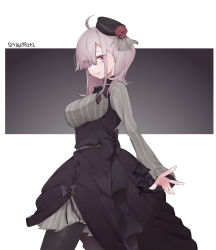Rule 34 | absurdres, ahoge, alternate costume, atare, black bow, black bowtie, black dress, black ribbon, black thighhighs, bow, bowtie, commentary request, dress, eyes visible through hair, flower, framed breasts, frilled sleeves, frills, hat, hat flower, highres, long hair, looking at viewer, mole, mole under eye, nijisanji, pink eyes, ribbon, silver hair, solo, striped sleeves, sukoya kana, thighhighs, twintails, virtual youtuber