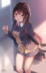 Rule 34 | 1girl, against wall, alternate costume, blazer, blush, brown hair, cardigan, hair ornament, highres, jacket, kantai collection, looking at viewer, miniskirt, morigami (morigami no yashiro), open mouth, school uniform, sendai (kancolle), short hair, skirt, solo, two side up, uniform