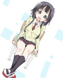 Rule 34 | 1girl, aiura, black eyes, black hair, black socks, bright pupils, chair, commentary request, ixy, kneehighs, long hair, low twintails, necktie, open mouth, red necktie, school uniform, shoes, sitting, socks, solo, twintails, uehara ayuko, uwabaki