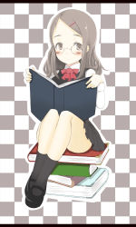 Rule 34 | 1girl, black socks, blush, book, book stack, bow, bowtie, brown eyes, brown hair, checkered background, glasses, grey eyes, grey hair, hair ornament, hairclip, letterboxed, long hair, mary janes, original, oza watto, shoes, sitting, skirt, socks, solo
