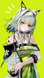 1girl absurdres animal_ear_fluff animal_ears arknights black_hair breasts cat_ears cat_girl coat collarbone commentary cowboy_shot detached_collar dress expressionless eyeshadow green_dress green_eyes green_hair hair_intakes highres jewelry kal&#039;tsit_(arknights) lab_coat looking_at_viewer makeup material_growth medium_breasts medium_hair necklace notice_lines off-shoulder_dress off_shoulder open_clothes open_coat oripathy_lesion_(arknights) parted_lips red_eyeshadow senju_yosiyuki simple_background solo stethoscope white_coat yellow_background