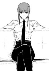 Rule 34 | 1girl, black necktie, breasts, chainsaw man, collared shirt, couch, crossed legs, greyscale, guhanshounen, high-waist pants, highres, looking at viewer, makima (chainsaw man), medium breasts, monochrome, necktie, pants, shirt, sidelocks, solo, white background, white shirt