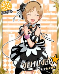 Rule 34 | 10s, 1girl, aiba yumi, black dress, card (medium), character name, closed eyes, dress, facing viewer, hair ornament, headband, holding, holding microphone, idolmaster, idolmaster cinderella girls, microphone, official art, open mouth, orange background, skirt, solo, standing, striped clothes, striped skirt, sun symbol, wristband