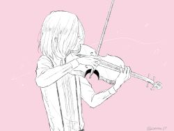 Rule 34 | 1boy, collared shirt, hair over eyes, instrument, kou (coo00), male focus, monochrome, music, musical note, pink background, playing instrument, shirt, suspenders, violin, bow (music), yuri!!! on ice, yuri plisetsky
