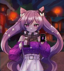 Rule 34 | 1girl, :t, alternate costume, bare shoulders, blush, bow, braid, casual, flower, genshin impact, hair bow, hair flower, hair ornament, highres, holding, holding phone, kenouo, keqing (genshin impact), keqing (lantern rite) (genshin impact), lantern, long hair, long sleeves, looking at viewer, night, phone, pout, purple eyes, purple hair, purple sweater, scarf, skirt, sweater, twintails, white skirt