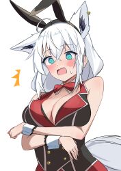 Rule 34 | 1girl, ^^^, absurdres, ahoge, animal ear fluff, animal ears, blush, braid, breast lift, breasts, bunny garden, cleavage, commentary request, cosplay, earrings, extra ears, fake animal ears, fox ears, fox girl, fox tail, green eyes, hair between eyes, highres, hololive, jewelry, kana (bunny garden), kana (bunny garden) (cosplay), long hair, looking at viewer, medium breasts, open mouth, rabbit ears, shirakami fubuki, shirokuma pino, shirt, sidelocks, simple background, single braid, sleeveless, sleeveless shirt, solo, sweatdrop, tail, virtual youtuber, white background, white hair, wrist cuffs