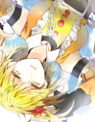 Rule 34 | 1girl, blonde hair, chain, kagerou project, kisaragi momo, long hair, looking at viewer, poni (rito), side ponytail, smile, solo, upside-down, yellow eyes