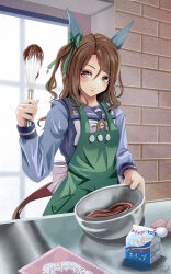 Rule 34 | 1girl, animal ears, apron, blue shirt, bow, bowl, brick wall, brown eyes, brown hair, chocolate, closed mouth, commentary request, day, ear bow, egg, green apron, green bow, hair between eyes, highres, holding, holding bowl, horse ears, horse girl, horse tail, indoors, king halo (umamusume), long hair, long sleeves, looking at viewer, mixing bowl, one side up, puffy long sleeves, puffy sleeves, school uniform, shirt, signature, smile, solo, sunlight, tail, tracen school uniform, umamusume, whisk, white bow, window, yumibakama meme