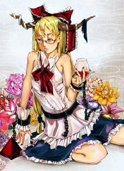 Rule 34 | 1girl, bad id, bad pixiv id, bespectacled, blonde hair, bow, chain, cup, drinking glass, female focus, flower, glasses, hair bow, horns, ibuki suika, long hair, nuvo0909, solo, touhou, wine glass, yellow eyes