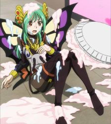 Rule 34 | 10s, 1girl, anjou tokoha, black pantyhose, blush, boots, brown eyes, cardfight!! vanguard, cardfight!! vanguard g, cream, full body, green hair, jewelry, knee boots, long hair, long sleeves, necklace, open mouth, pantyhose, screencap, sexually suggestive, sitting, skirt, solo, stitched, tagme, third-party edit